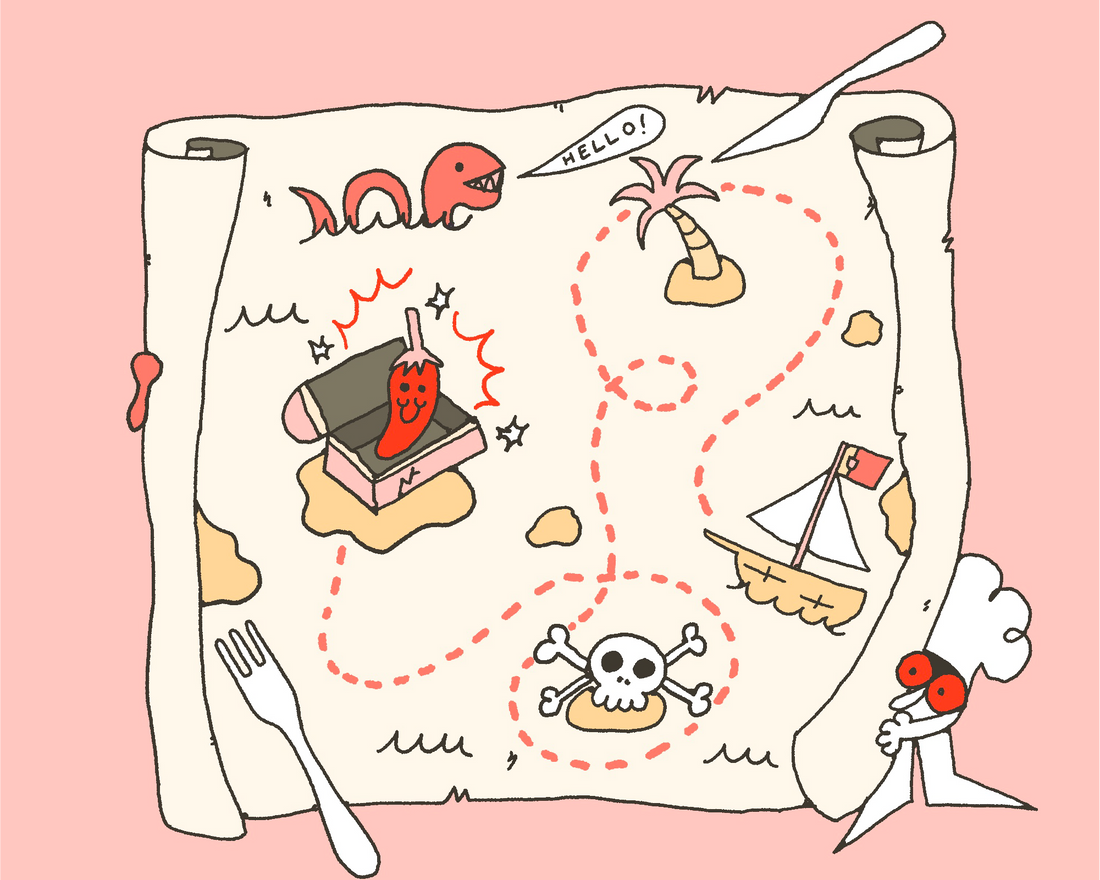 ilustração dp personagem Malcriado com um mapa no estilo mapa do tesouro, em busca da malagueta mais picante.