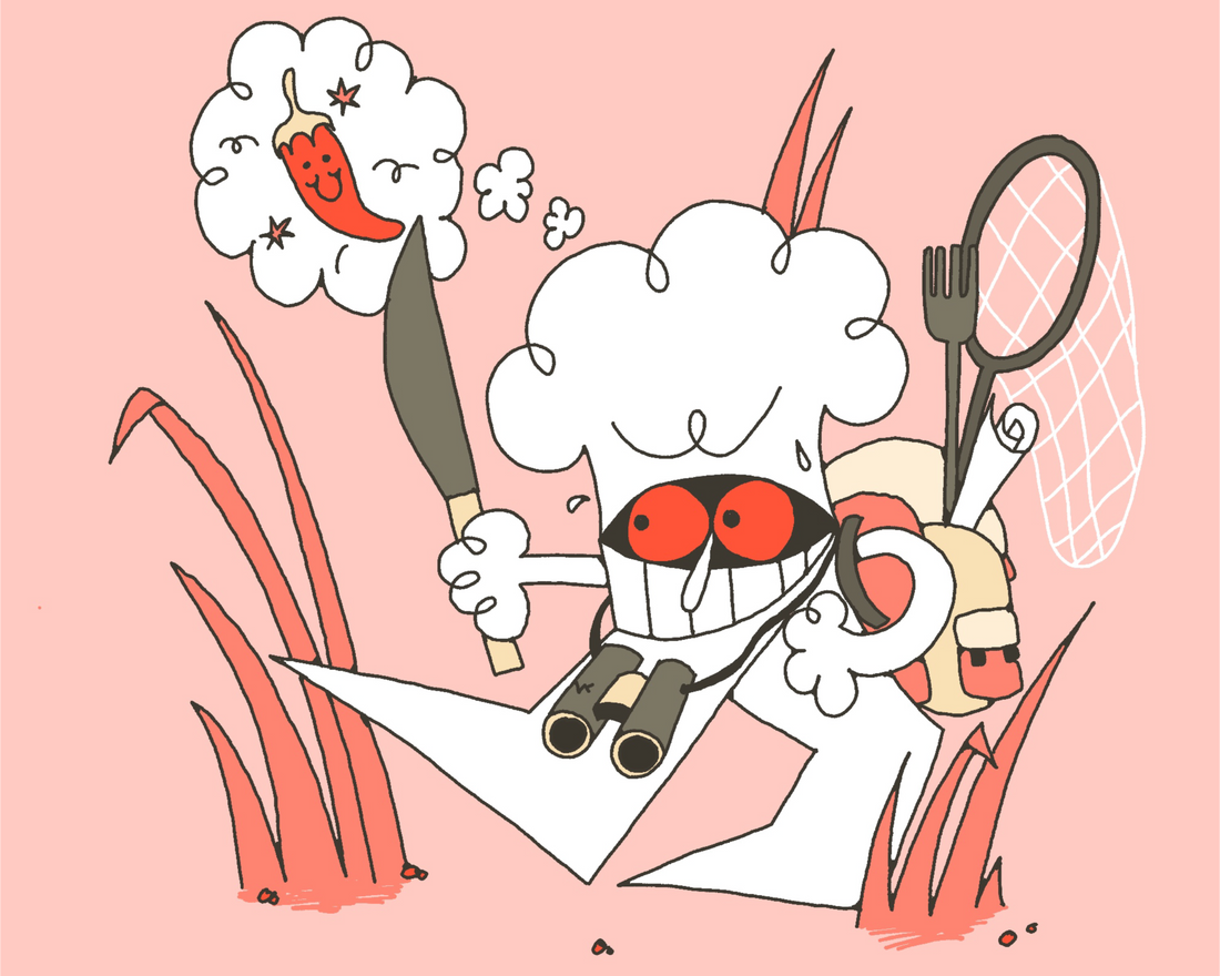 Ilustração com o personagem cartoon malcriado, em busca de malaguetas picantes