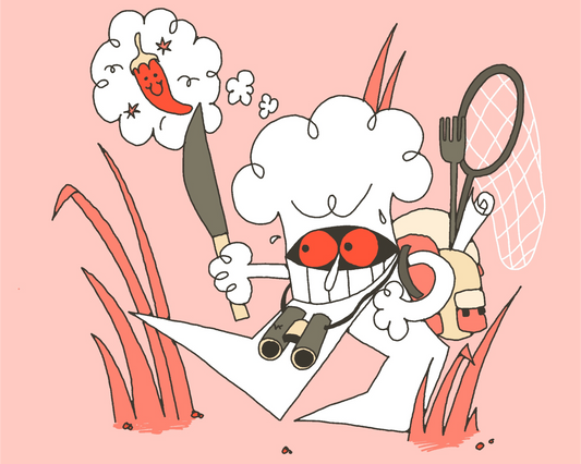 Ilustração com o personagem cartoon malcriado, em busca de malaguetas picantes