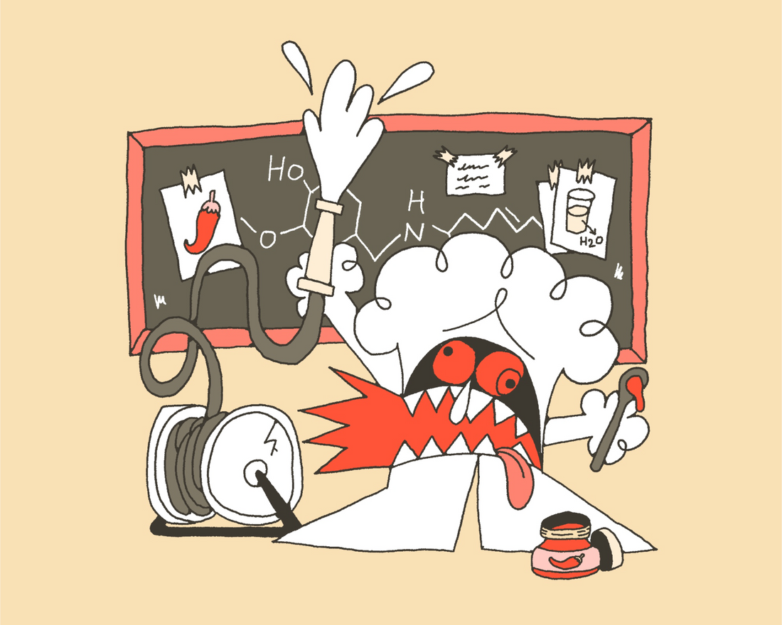 Ilustração cómica estilo cartoon de Nick_Ohlo, onde o Sr. Marcliado testa uma nova formula picante e tenta solucionar o ardor com água.