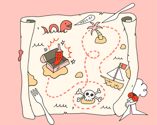 ilustração dp personagem Malcriado com um mapa no estilo mapa do tesouro, em busca da malagueta mais picante.